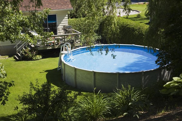 Residential backyard with an above ground swimming pool and house