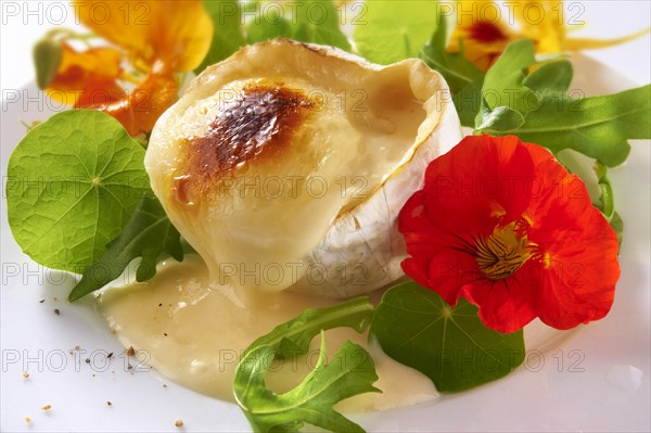 Fresh nasturtium flowers and leaves with goats cheese