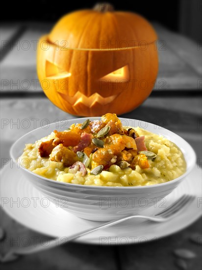 Roast pumpkin and bacon on saffron risotto