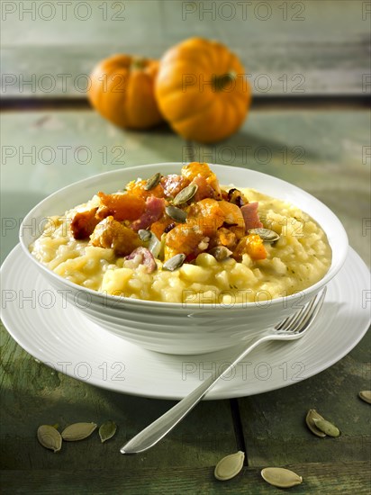 Roast pumpkin and bacon on saffron risotto