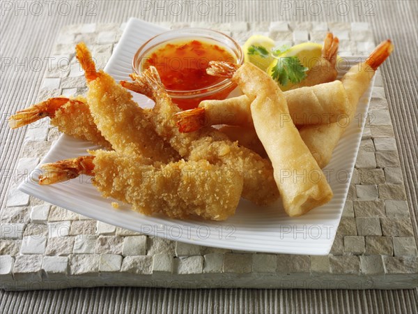 Chinese breaded and battered deep fried tiger prawns