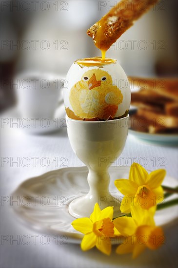 Painted traditional Easter egg decorated with a chicken illustration being eaten for breakfast