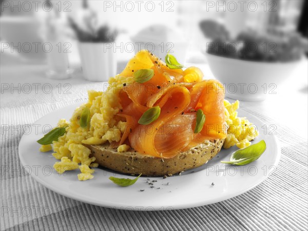 Smoked salmon scrambled eggs bagel