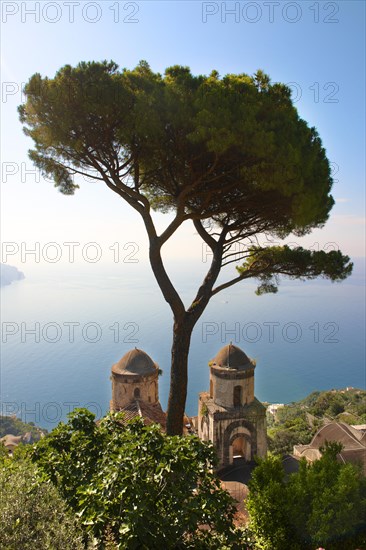 The bell towers of Our Lady of The Annunciation church viewed from Villa Ravello