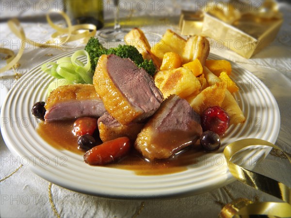 Traditional roast Gresham duck dinner