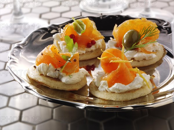 Smoked salmon and cream cheese blini