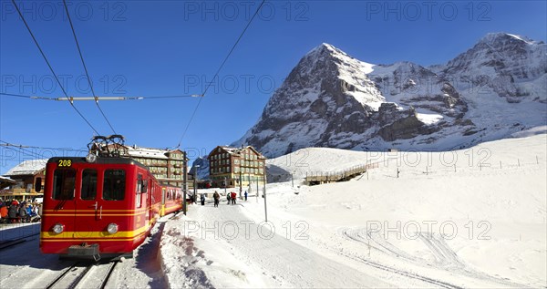 Jungfraujoch train at Kleiner Scheidegg in winter with the mountains Eiger