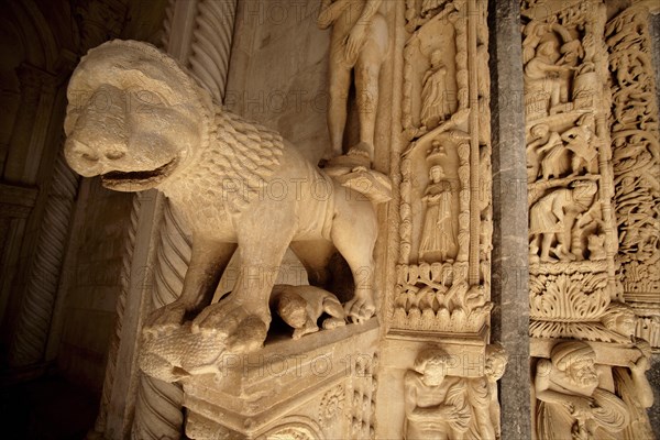 Romanesque doorway with sculpture of a lion by the Croatian architect Master Radovan