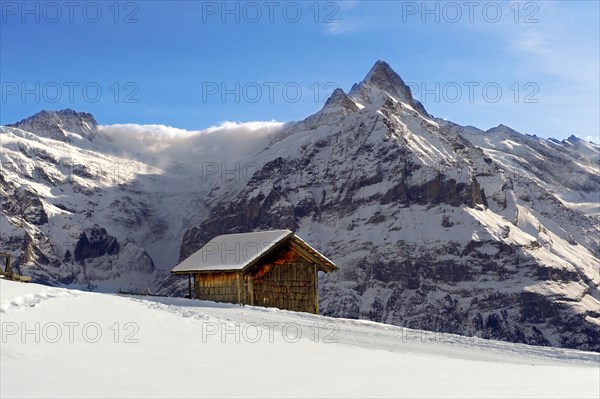 Mountain chalet in winter in front of Wetterhorn mountain