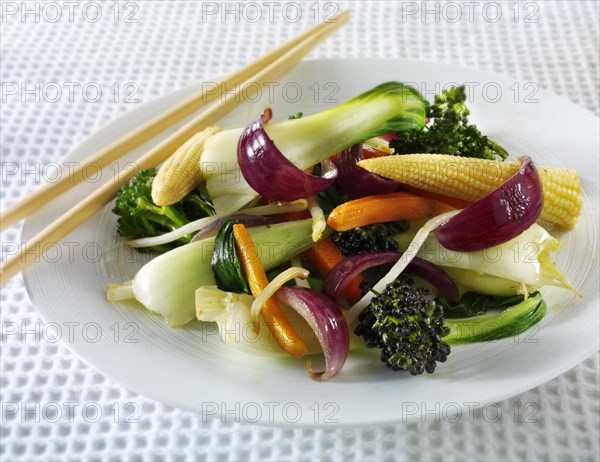 Oriental vegetarian stir fry with rice and chilli dipping sauce