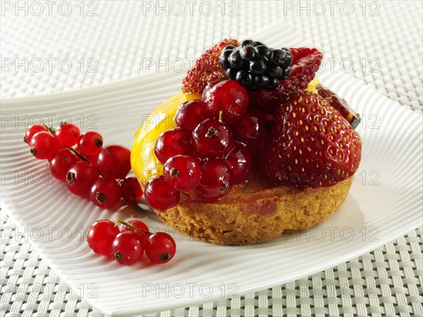 A modern fruit cake with redcurrants