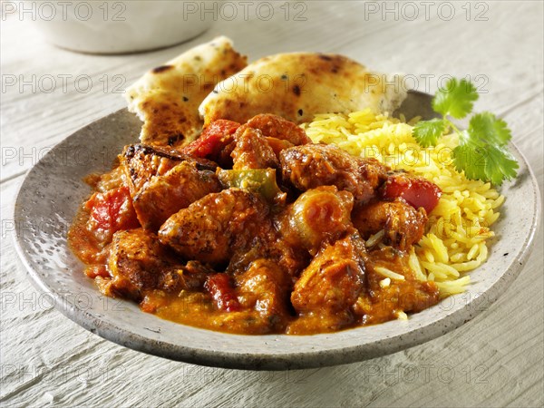 Char grilled Chicken Jalfrezi with rice and naan bread