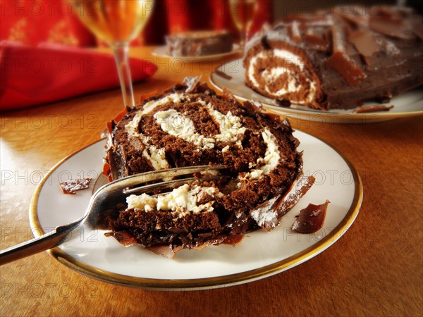 Traditional chocolate Swiss roll or log