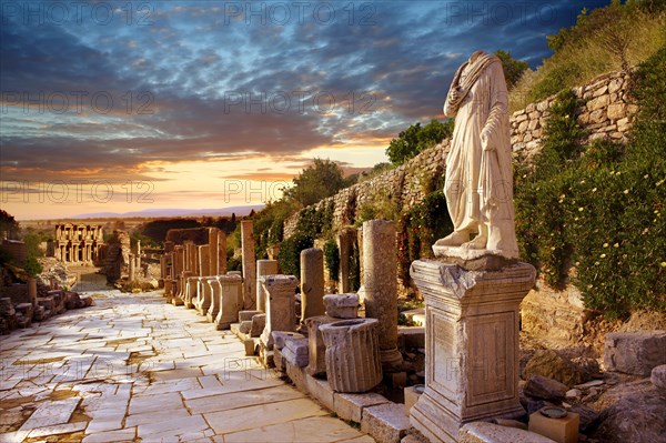 Statue on Curetes Street looking towards the Library of Celsus