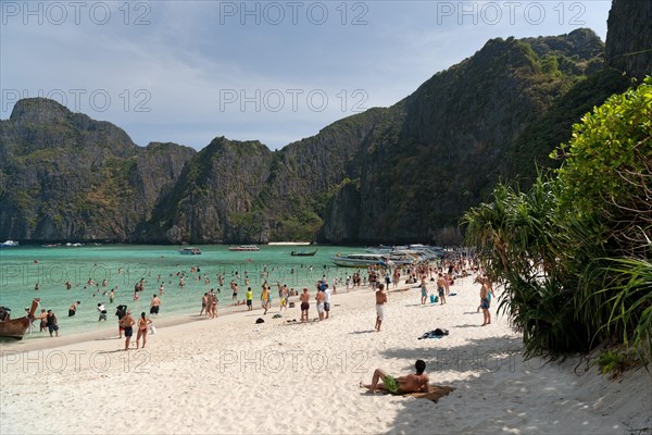 Mass tourism on the sandy beach of Maya Beach