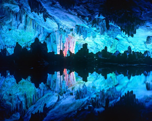 Colourful lights in Reed Flute Cave