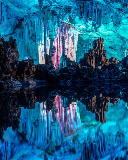 Colourful lights in Reed Flute Cave