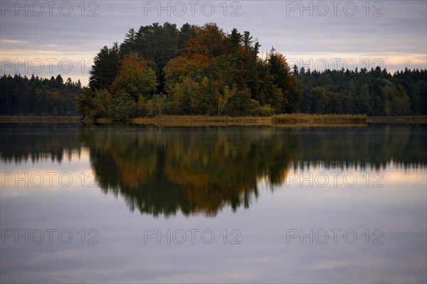 Autumnal island with reflection Lake Ostersee