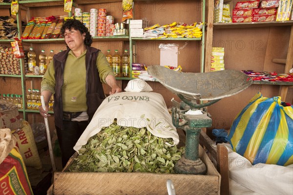 Woman selling coca leaves at the market in Celendin