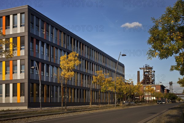 New office building in front of the heritage-protected blast furnace Hochofen 5 from Phoenix West