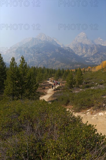 Grand Teton mountain range from the trail to Taggart Lake