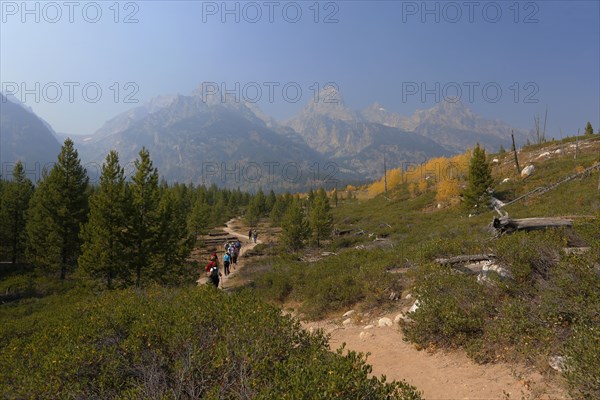 Grand Teton mountain range from the trail to Taggart Lake