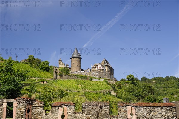 Stahleck castle youth hostel on a hill on the Rhine river in Bacharach