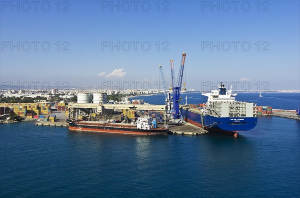 Container port with a container ship in the port of Antalya