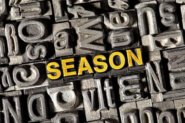Old lead letters forming the word 'SEASON'