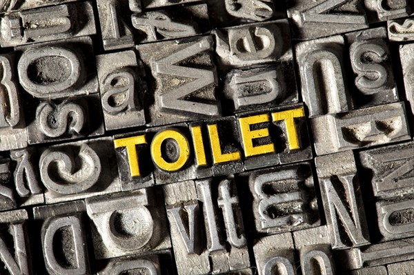Old lead letters forming the word "TOILET"