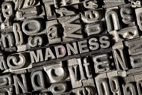 Old lead letters forming the word "MADNESS"