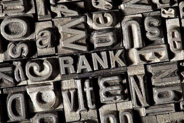 Old lead letters forming the word 'RANK'