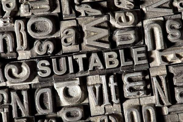 Old lead letters forming the word 'SUITABLE'