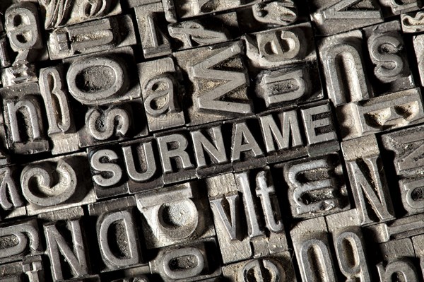 Old lead letters forming the word 'SURNAME'