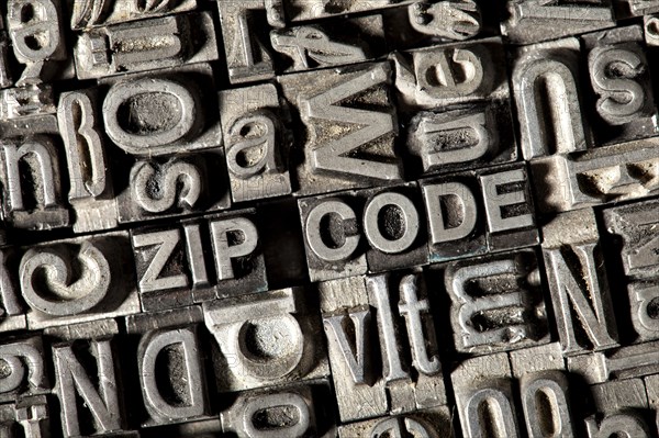 Old lead letters forming the term ZIP CODE