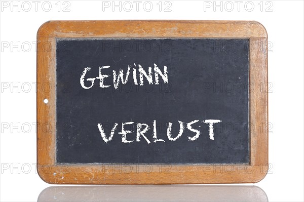 Old school blackboard with the words GEWINN and VERLUST