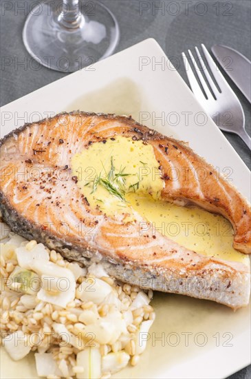 Seafood meal with fried salmon