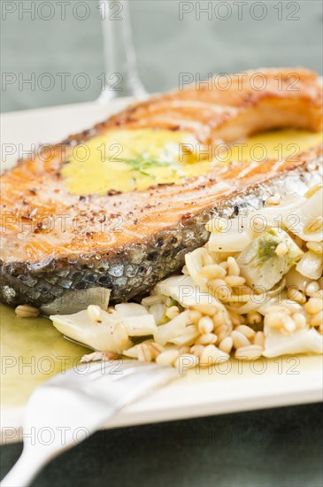 Seafood meal with fried salmon