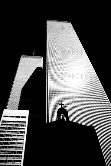 The St. Nicholas Greek Orthodox Church in front of the North and South Tower of the former World Trade Center or WTC