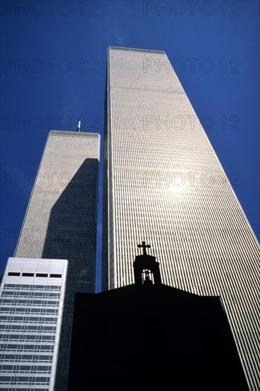 The St. Nicholas Greek Orthodox Church in front of the North and South Tower of the former World Trade Center or WTC