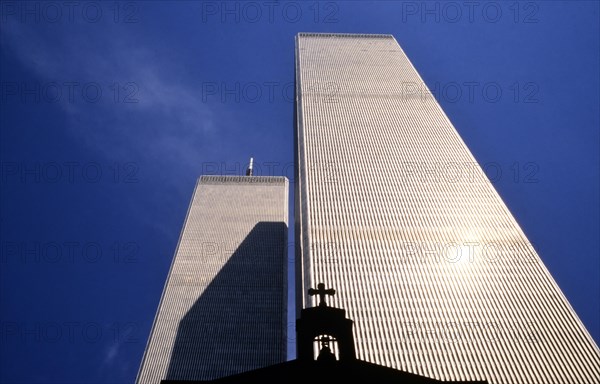 The St. Nicholas Greek Orthodox Church in front of the North and South Tower of the former World Trade Center or WTC