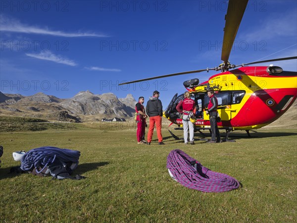 Team of the Securite Civile rescue organization preparing themselves for duty in Vallee d'Ossoue in the French Western Pyrenees