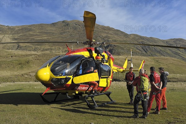 Team of the Securite Civile rescue organization preparing themselves for duty in Vallee d'Ossoue in the French Western Pyrenees