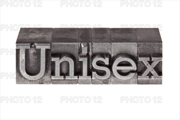 Old lead letters forming the word Unisex