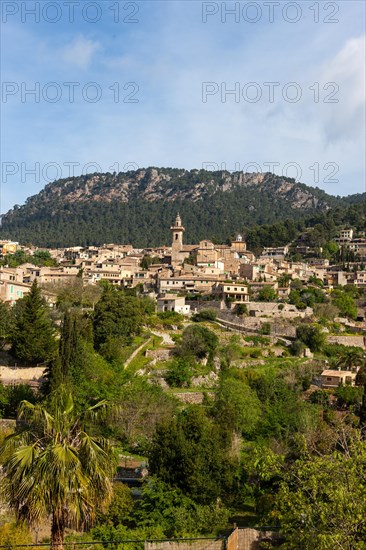 View of the old town of Valldemossa with the parish church of Sant Bartomeu