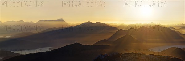 Sunset with view on the Jachenau with Walchensee and Zugspitze with Wetterstein range