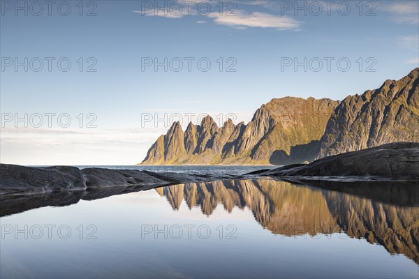 Mountain peaks at Tungeneset reflected in small natural basin