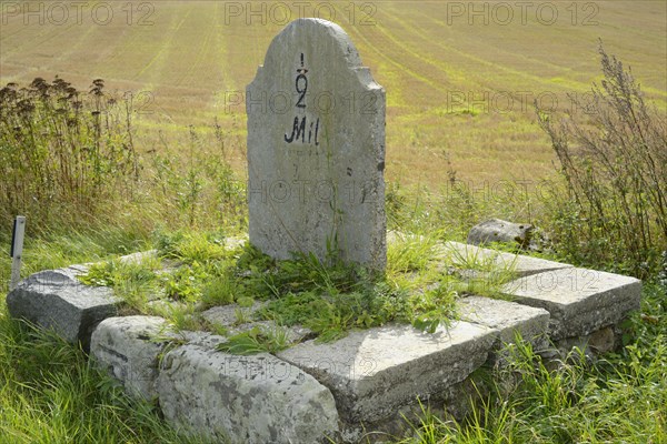 Old milestone on a country road in Scania