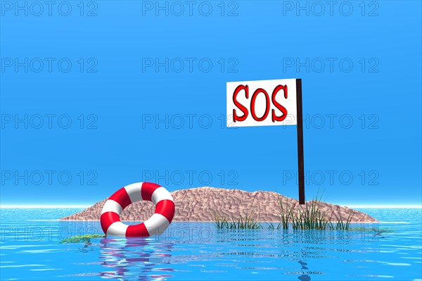 Small island with sign 'SOS' and lifebuoy