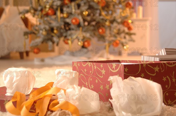 Unwrapped present in front of a Christmas tree